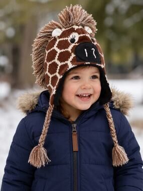 Coffee Shop Kids Giraffe Animal Earflap Hat Fleece Lined Knit Beanie One Size